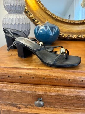 Target Black Strappy Block Heel Sandals with Gold Accent Bead